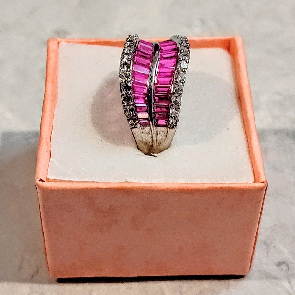 STERLING SILVER RUBY & DIAMOND RING BAGUETTE CUT RUBY & ROUND CUT DIAMONDS 8½ - Picture 5 of 16